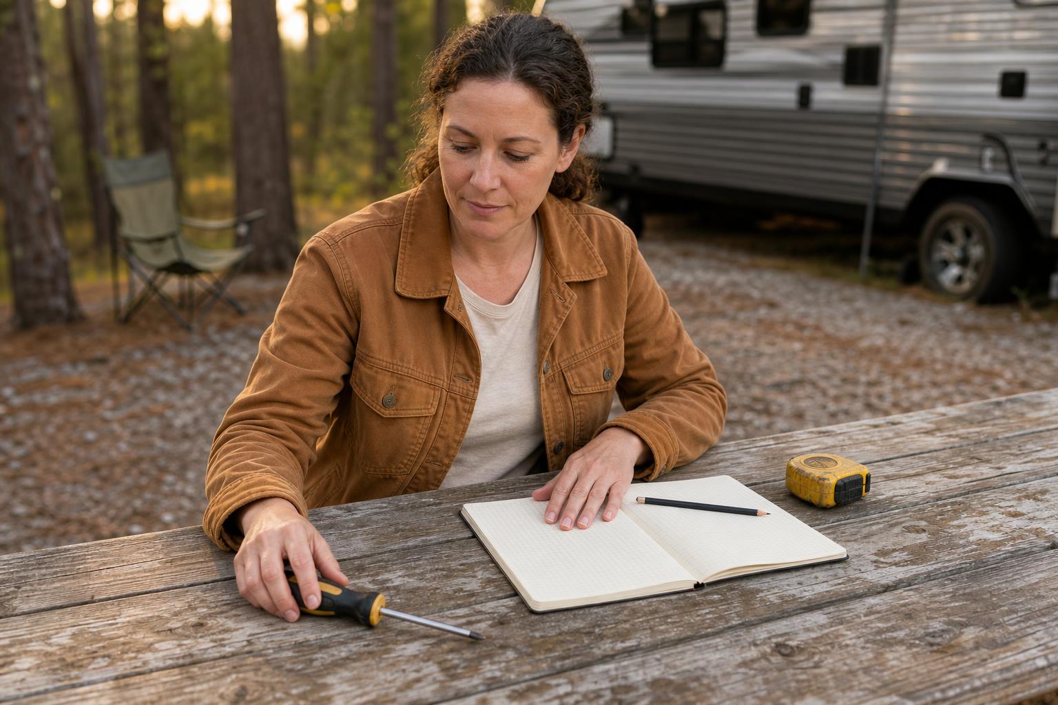RV owner organizing a Phillips screwdriver, tape measure, and notebook before measuring an RV door lock cutout.