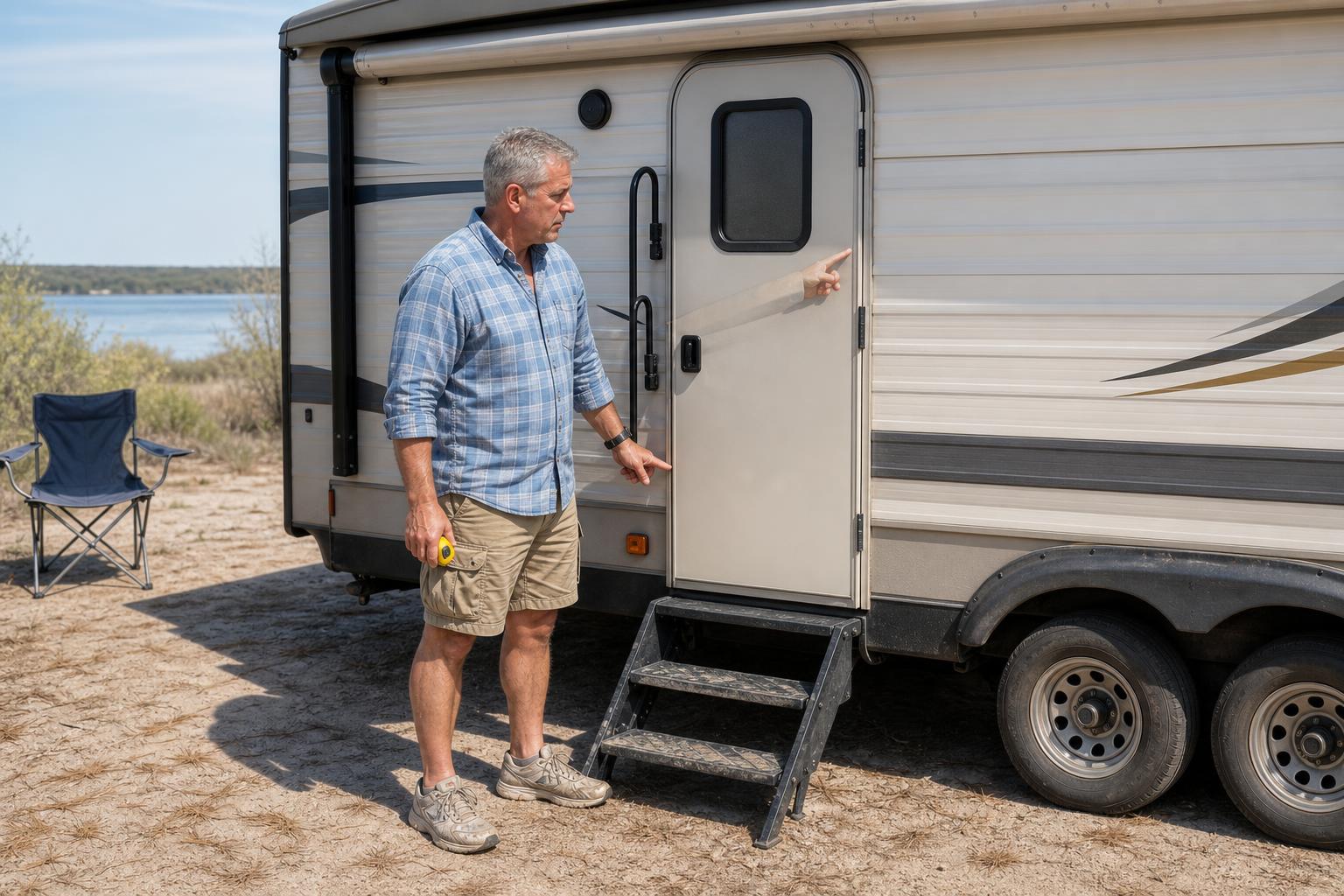 Owner standing outside a travel trailer and pointing to the right-side hinges to identify a right-hand RV door lock.