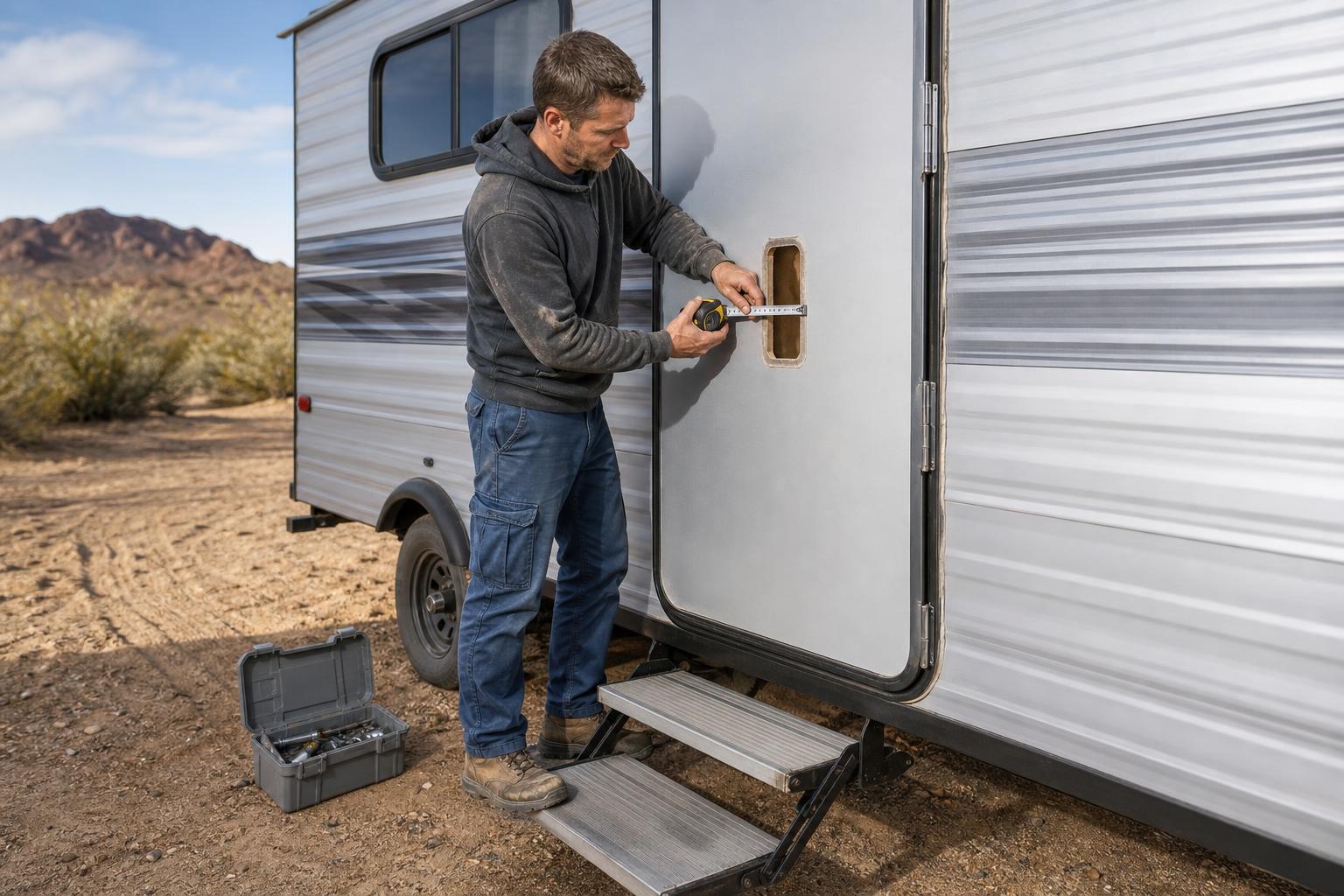 Travel trailer owner measuring an empty RV door lock cutout before confirming replacement lock compatibility.