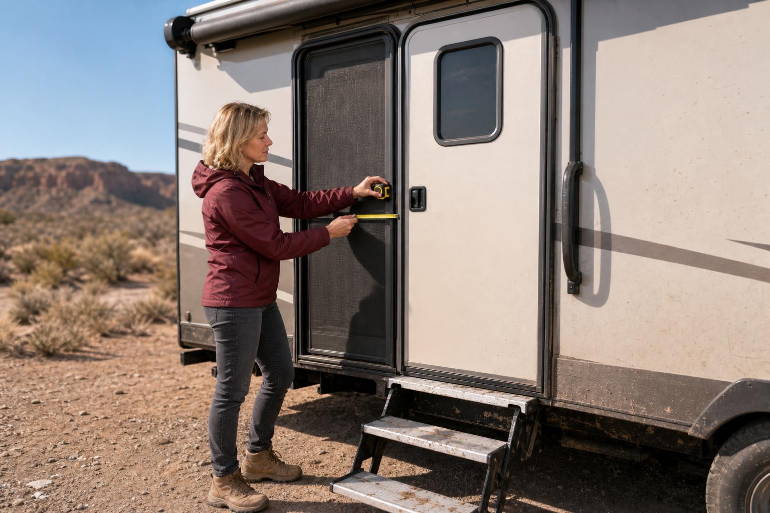 RV owner checking screen-door frame clearance beside a travel trailer entry door before installing a replacement RV lock.