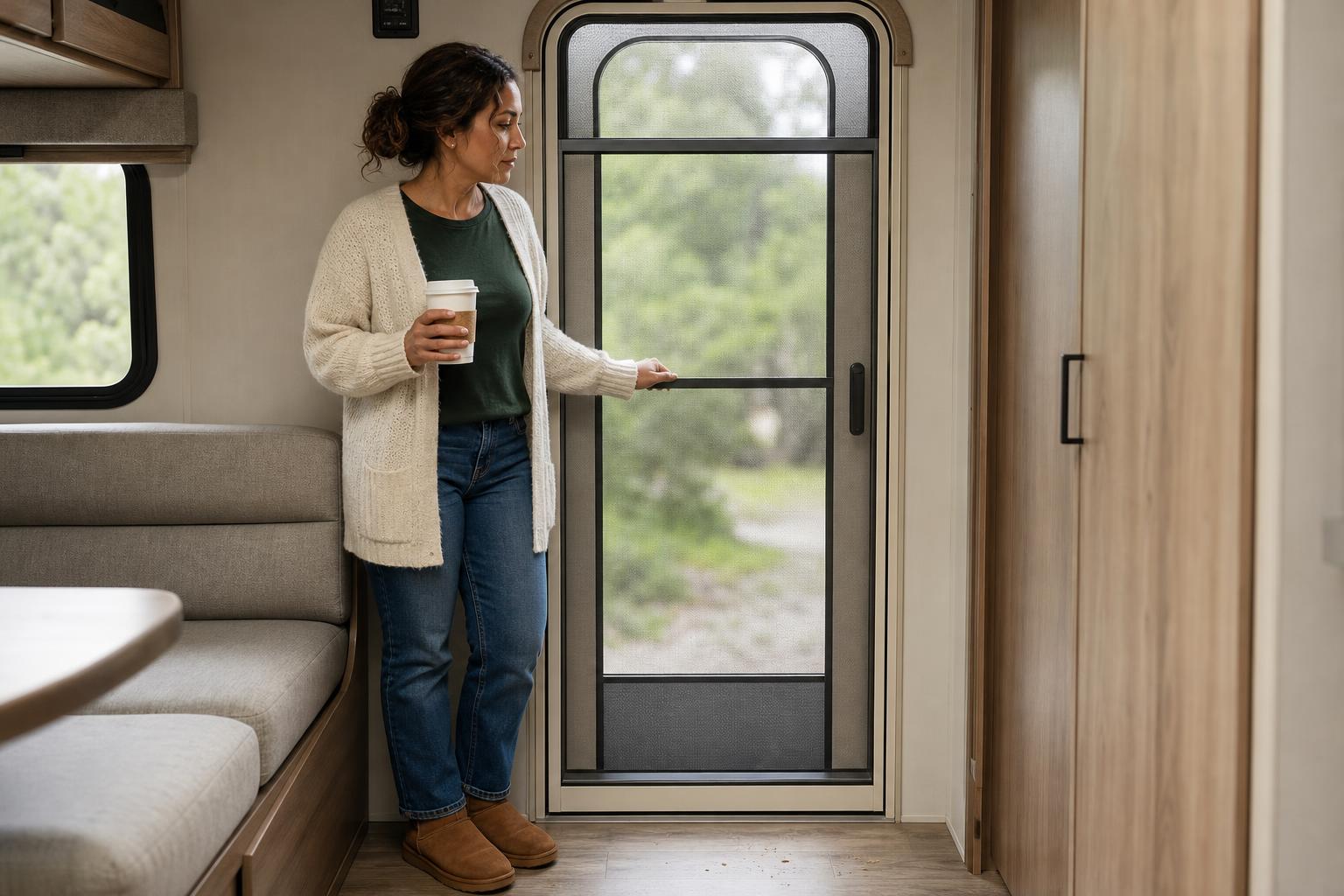 RV owner standing inside a travel trailer to understand the interior viewpoint for a screen door latch.
