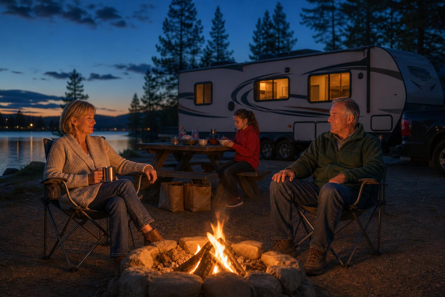 Family relaxing beside their travel trailer at a lakeside campsite after confirming RV door lock compatibility measurements.