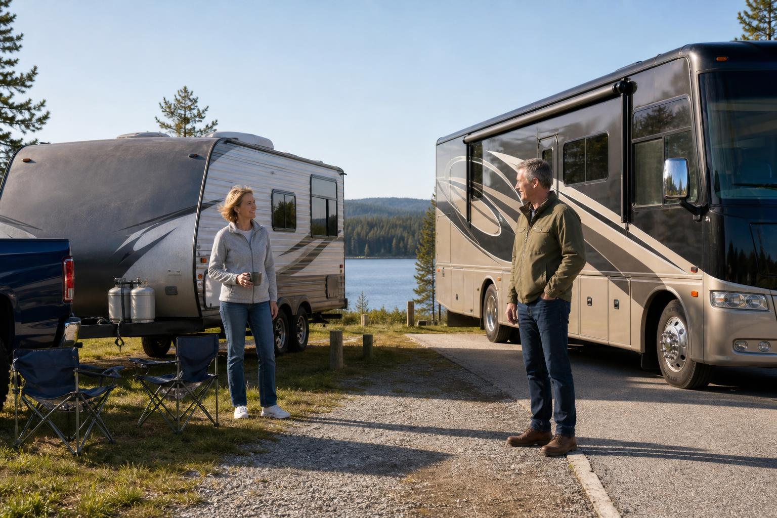 Travel trailer and Class A motorhome at an RV park, illustrating why RV door lock cutout sizes differ by RV type.