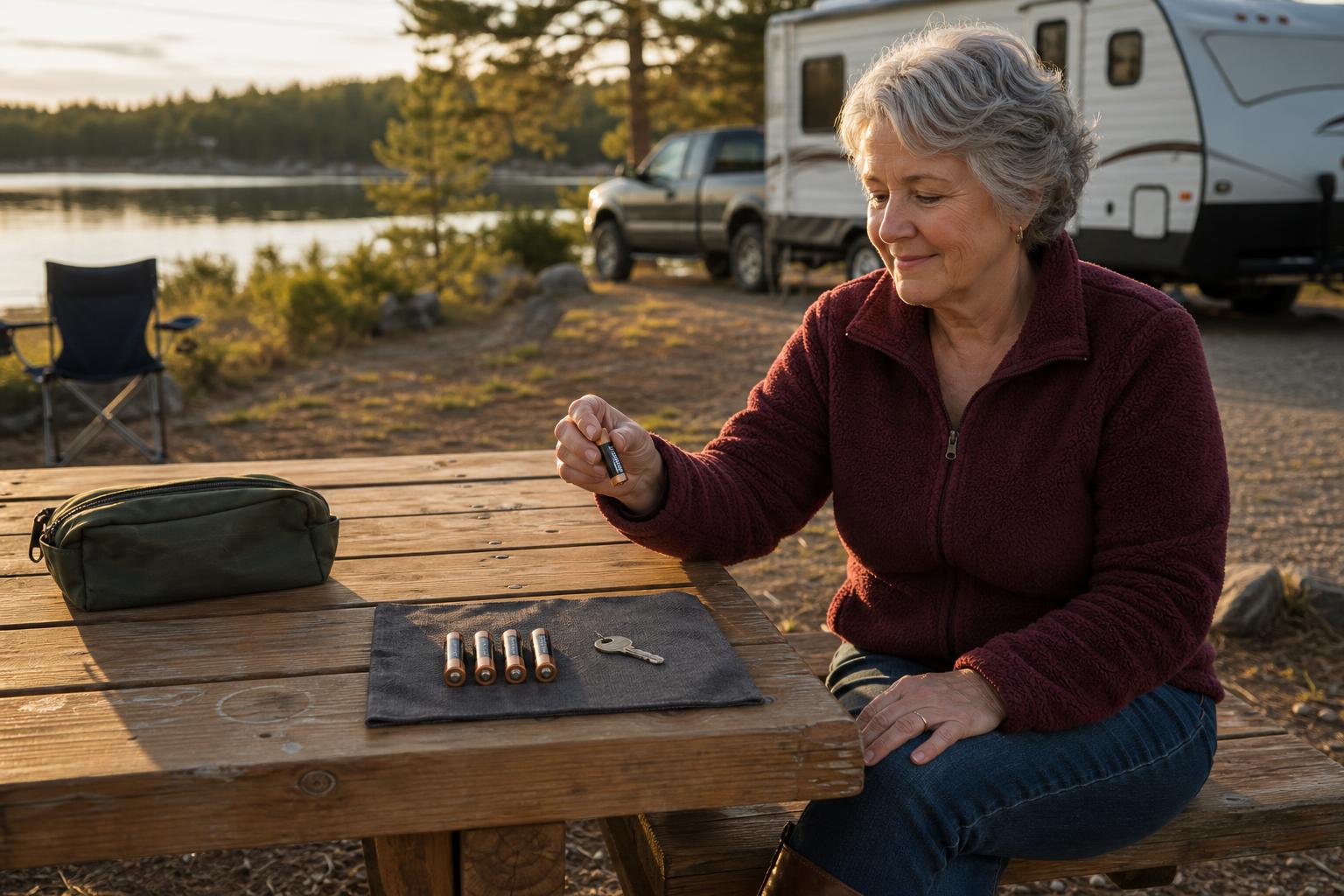 Solo RV traveler organizing AA batteries and a mechanical backup key at a campsite for RV door lock troubleshooting.