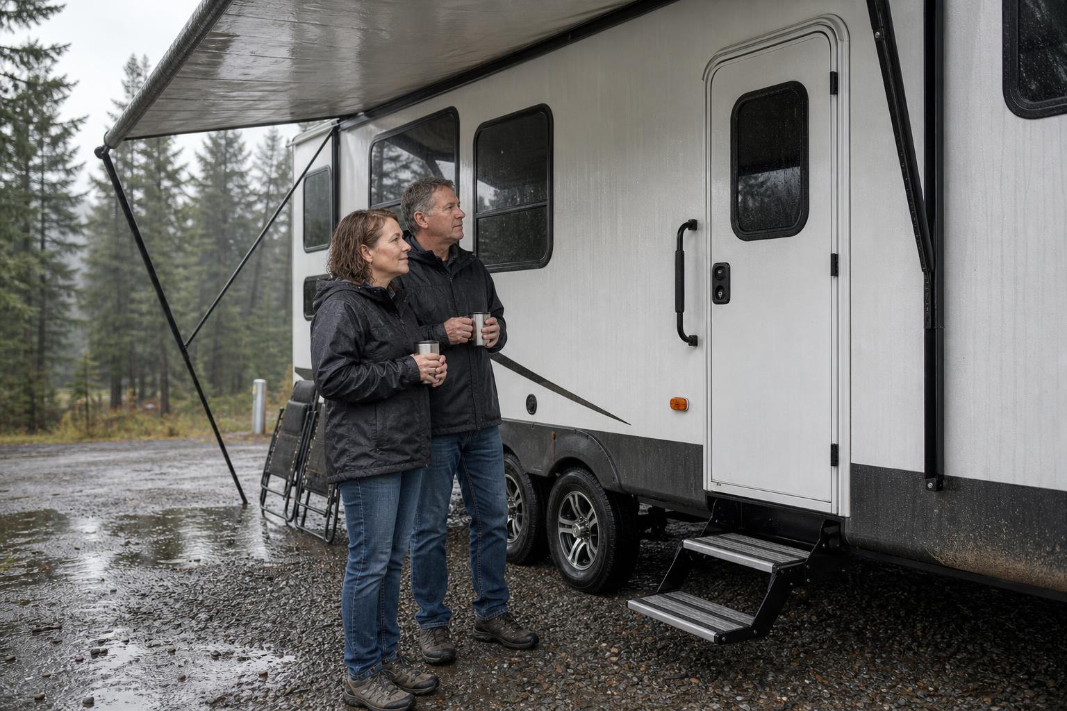Rain runs down a travel trailer entry door and steps while RV owners wait under an awning, showing road-ready weather exposure.