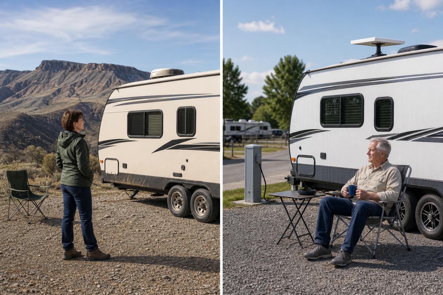 Split view of an off-grid travel trailer campsite and a connected RV park, comparing travel styles for Bluetooth versus WiFi RV door locks.