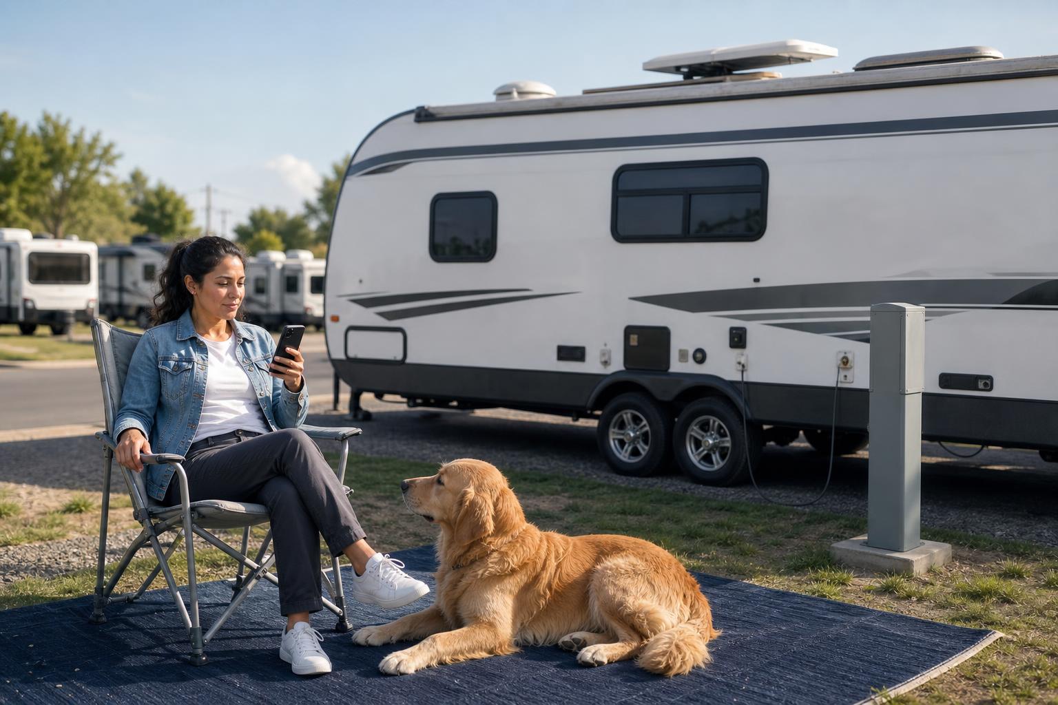 RV owner using a phone with her dog at a connected RV park, showing the stable internet needed for WiFi RV lock remote access.