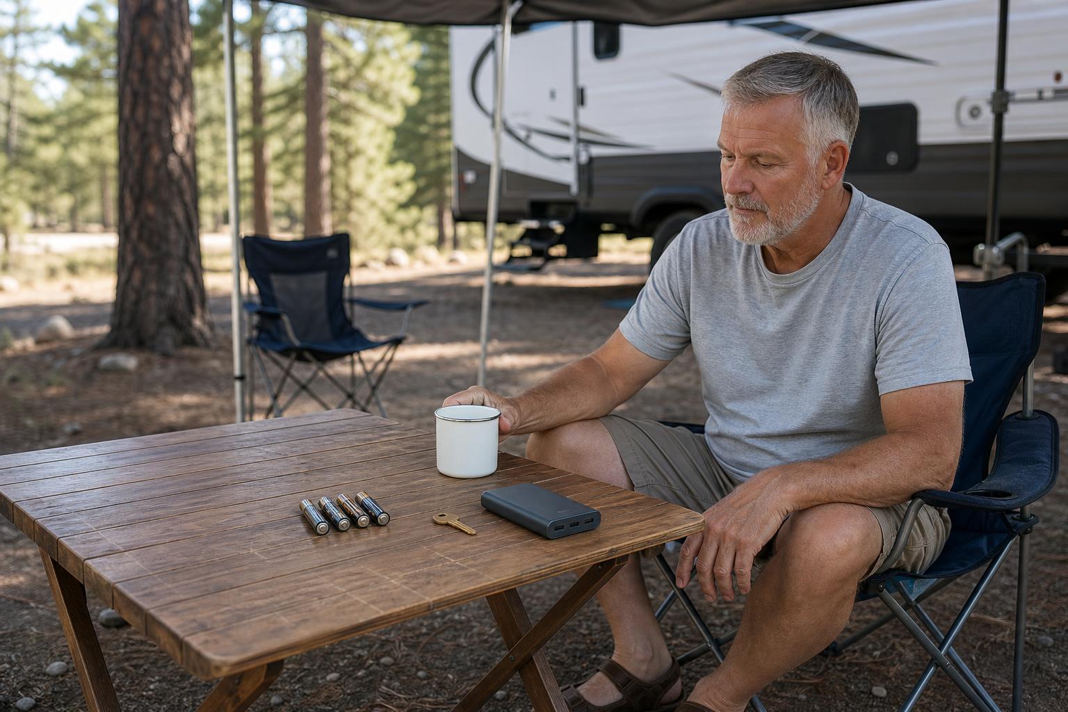 Four AA batteries and a backup key on an RV campsite table, representing battery planning for a Bluetooth RV door lock.