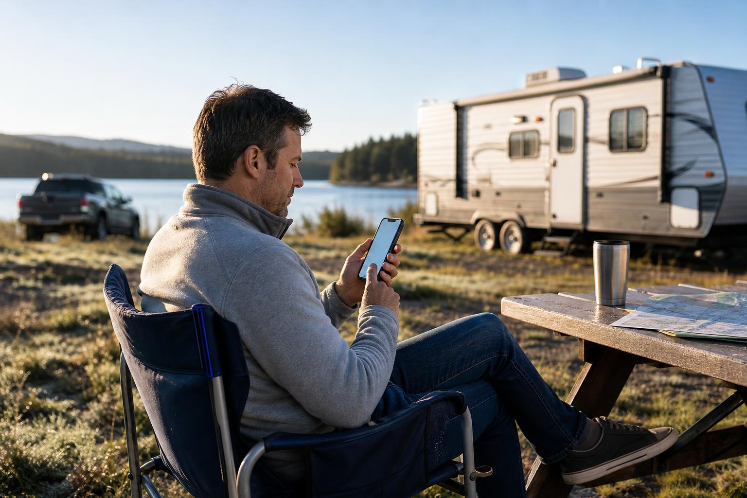 RV owner using a smartphone at a lakeside campsite to manage temporary access for a smart RV door lock.