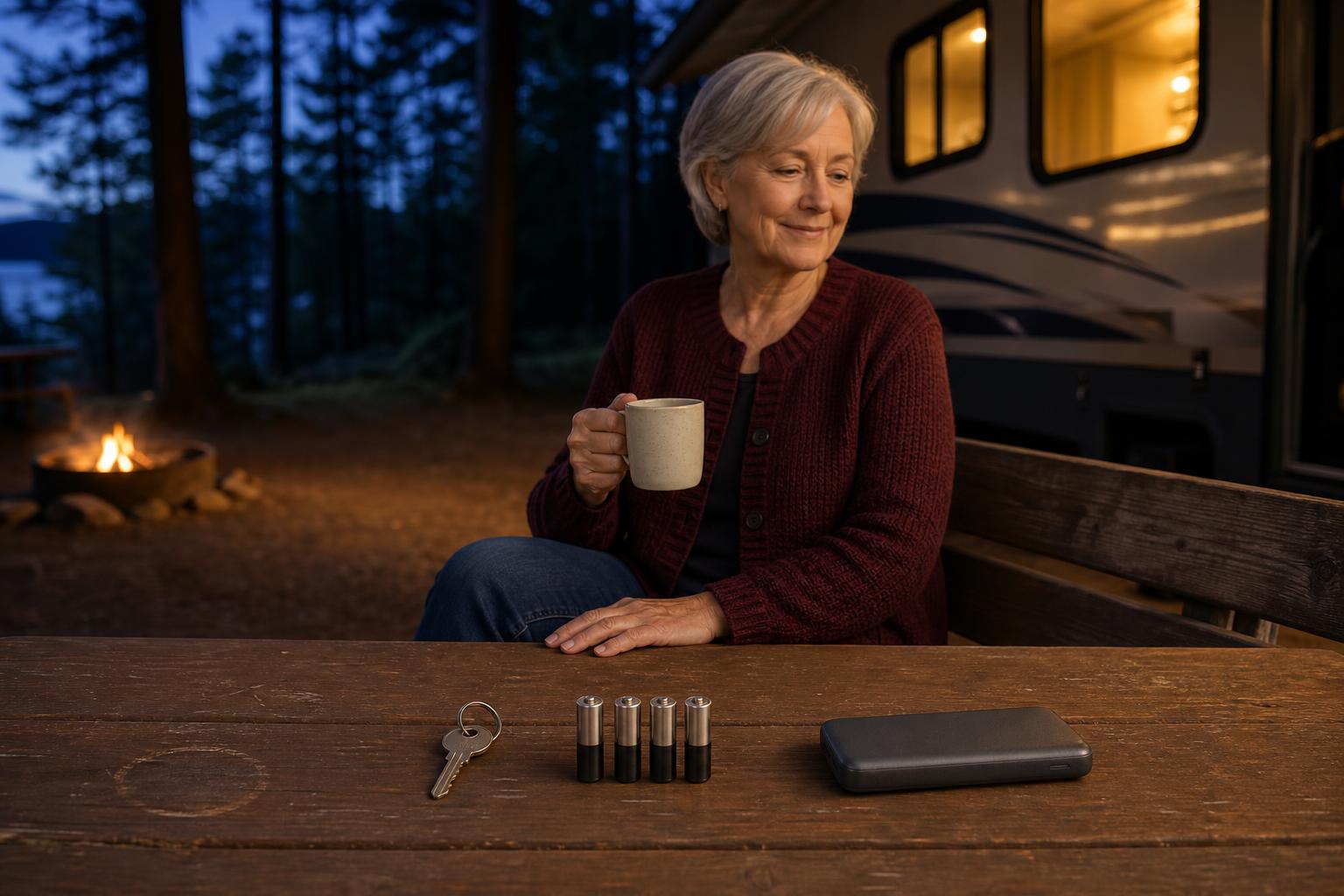 Four AA batteries, a mechanical backup key, and a portable power bank on an RV campsite table for smart RV lock failsafes.