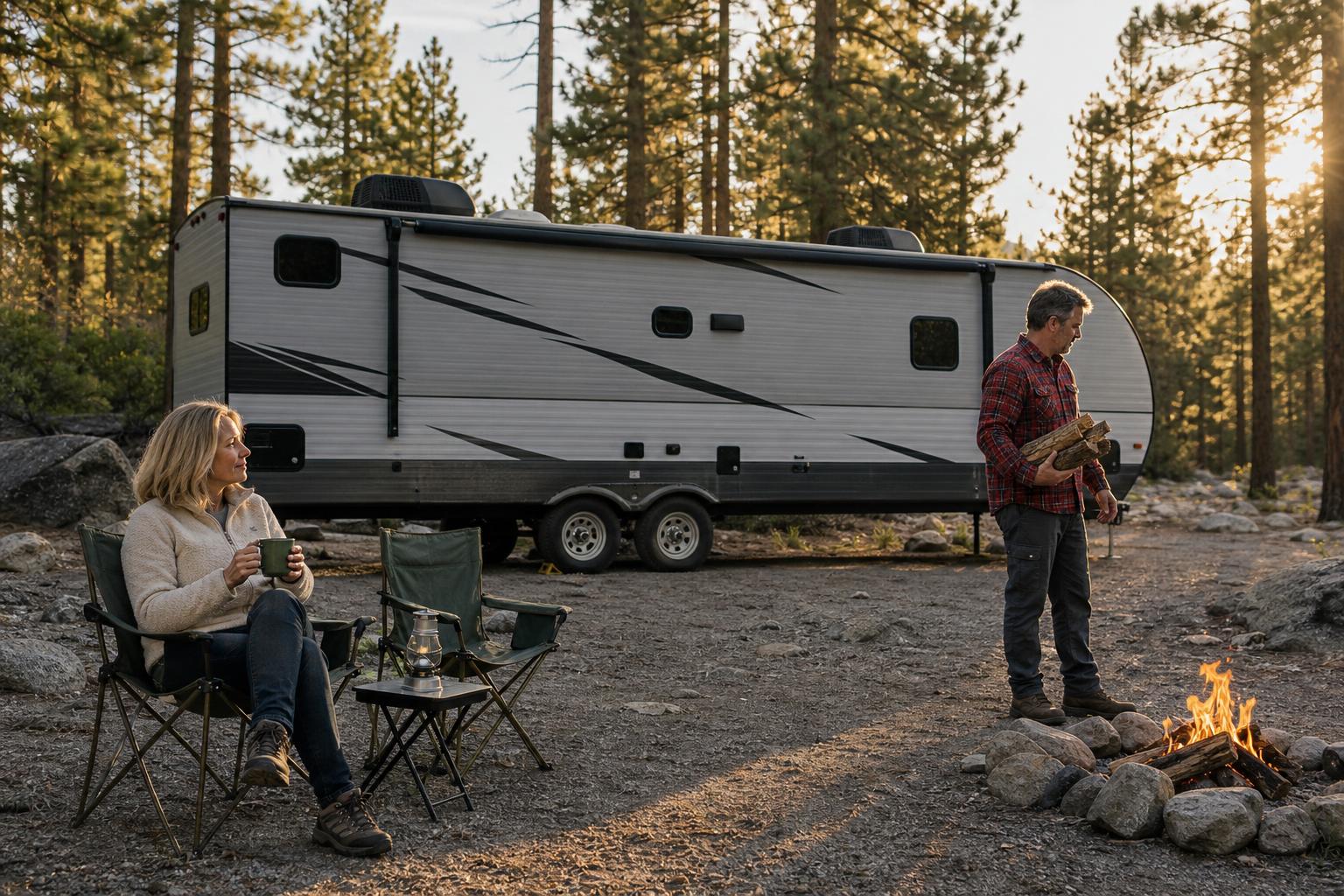 Couple relaxing beside a travel trailer in a remote national forest campsite, showing why Bluetooth RV door locks suit off-grid travel.