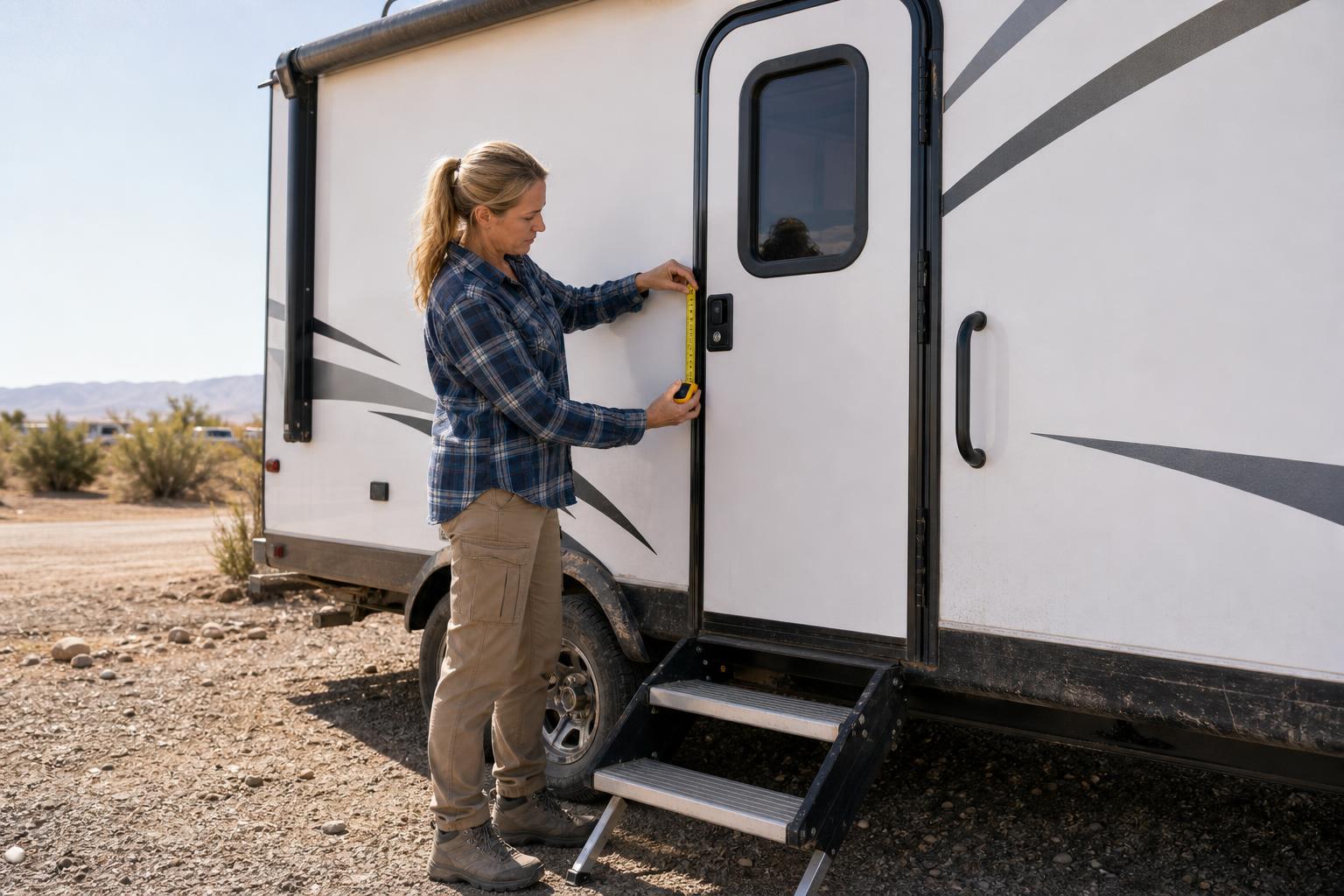 RV owner measuring the installed lock panel on a right-hinged travel trailer door to confirm smart RV lock compatibility.