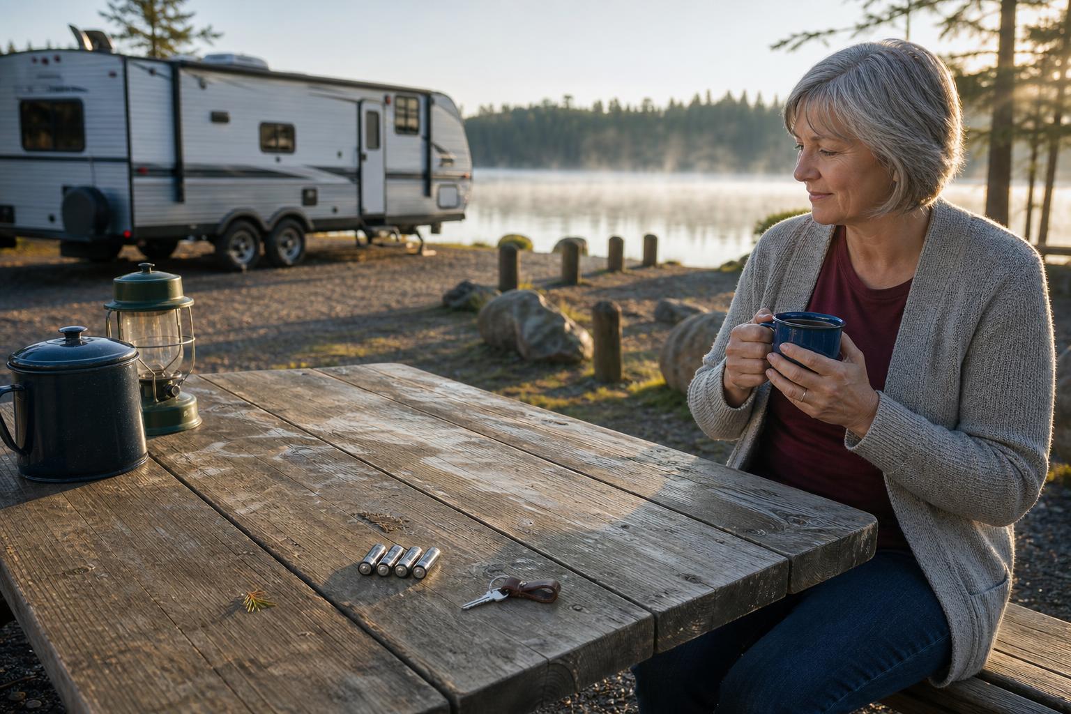 Four AA batteries and a mechanical backup key on a campsite table show offline backup access for an RV smart lock without WiFi.