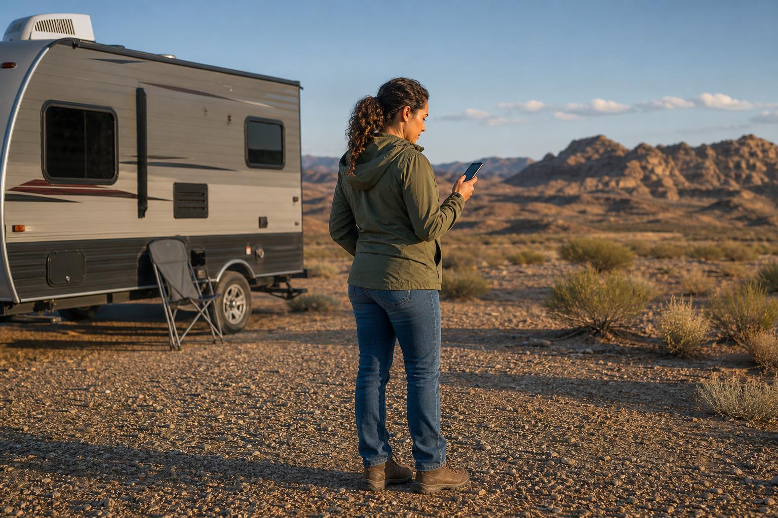 An RV owner checks her phone beside a travel trailer in an off-grid desert campsite, representing local Bluetooth RV smart lock control without WiFi.