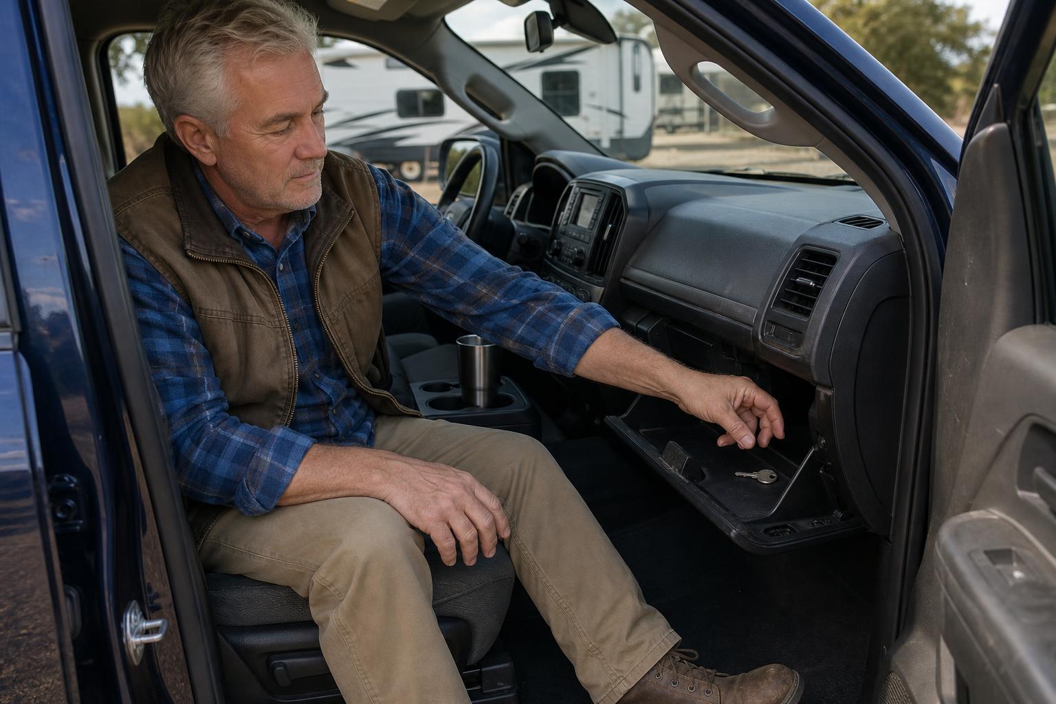 A travel trailer owner retrieves a mechanical backup key from his tow vehicle glove compartment for a dead RV smart lock.
