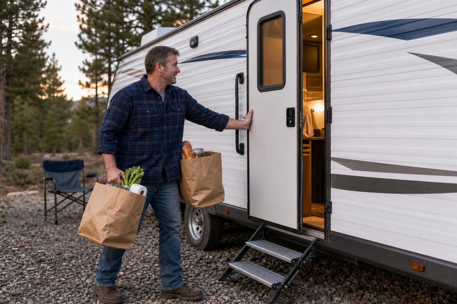 An RV owner carrying groceries gently pushes a travel trailer door open with his forearm, showing convenient offline RV smart lock access without WiFi.