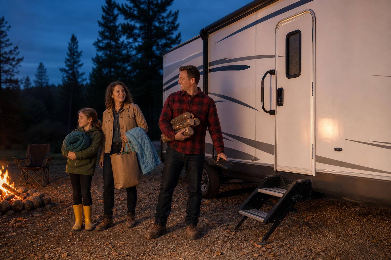 A family returns to their travel trailer at dusk with a power bank ready after an RV smart lock battery died.