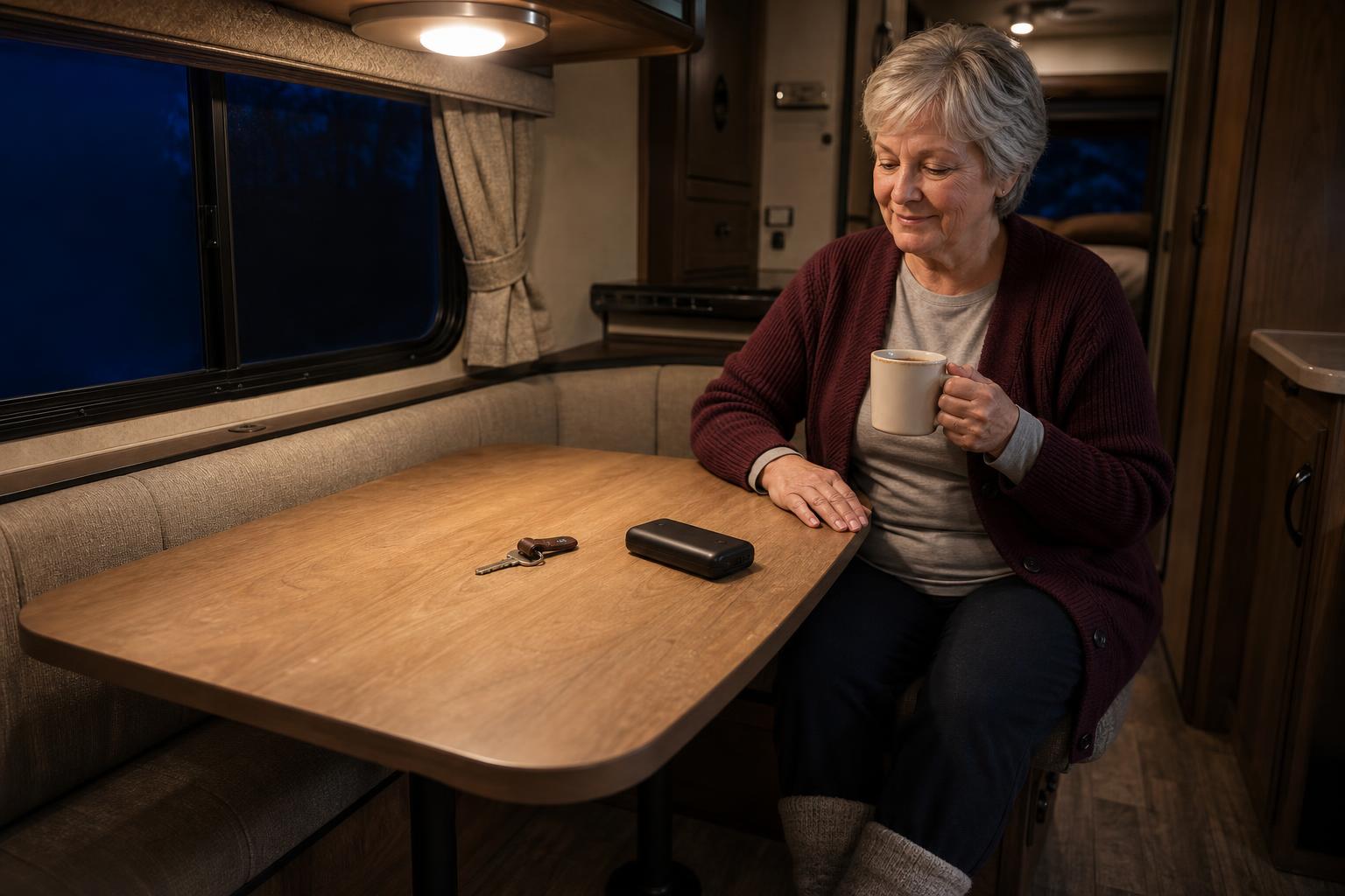 Inside a travel trailer, a mechanical key and portable power bank on the table illustrate RV smart lock battery backup options without WiFi.