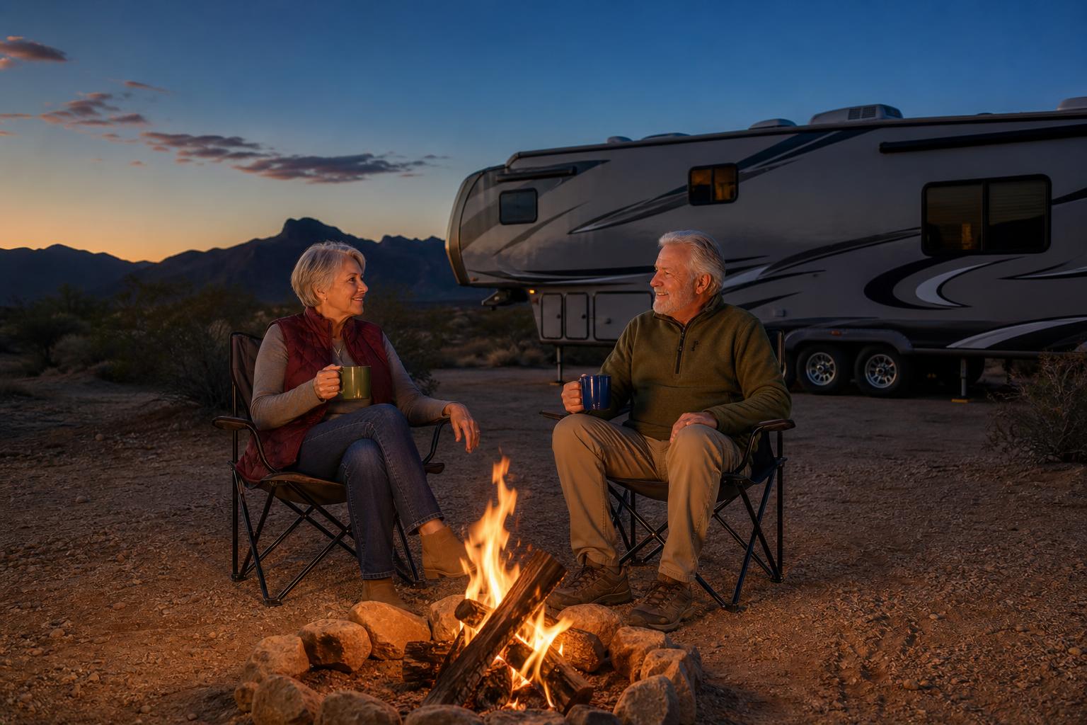 Retired RV travelers relax beside a campfire, enjoying peace of mind with reliable RV smart lock backup options.