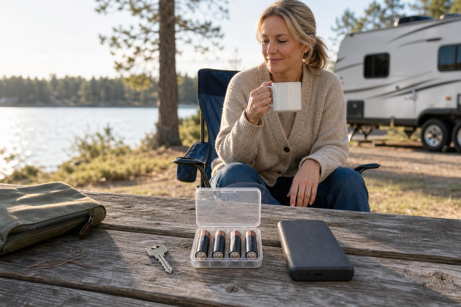 Four AA batteries, a power bank, and a backup key on an RV campsite table for proactive RV smart lock battery maintenance.