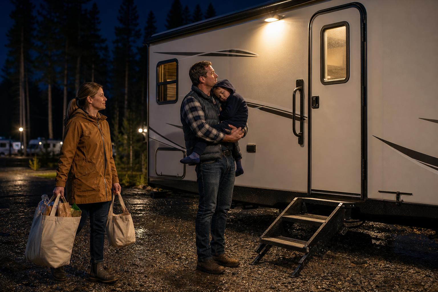 Family arriving at their travel trailer at night with groceries, illustrating convenient smart RV door lock access.