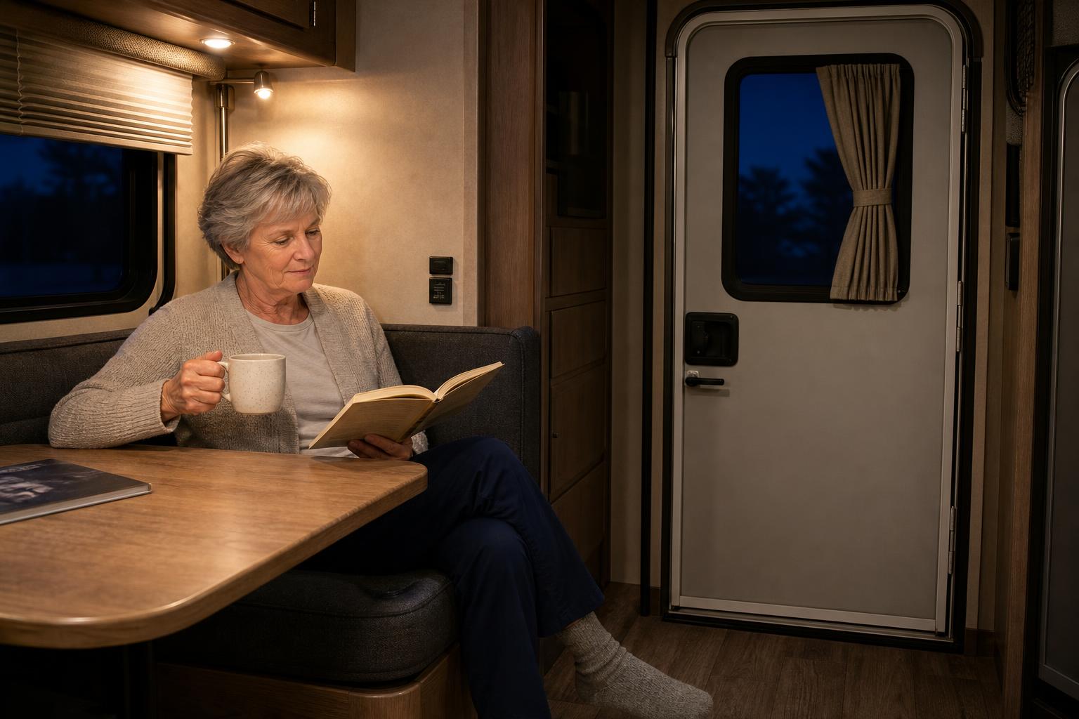 RVer relaxing inside a travel trailer at night, illustrating the peace of mind of interior control with a modern smart RV lock.