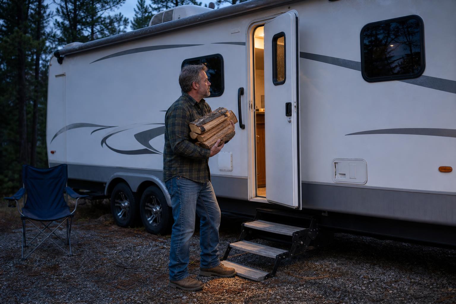 RVer carrying firewood into a travel trailer, showing why an ergonomic keyless RV lock handle matters when hands are full.