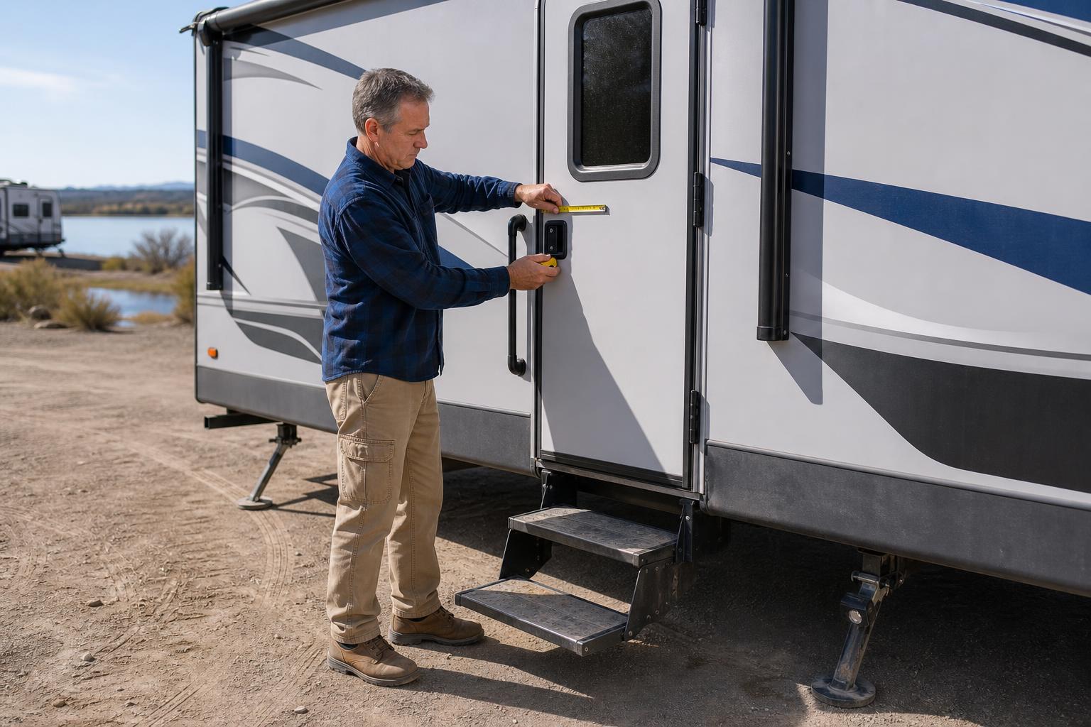 Travel trailer owner checking side clearance beside an installed RV door lock before choosing a compatible replacement.
