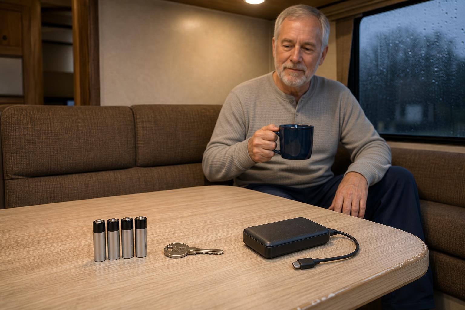 Four AA batteries, a backup key, and a power bank prepared inside an RV for smart RV lock emergency power.
