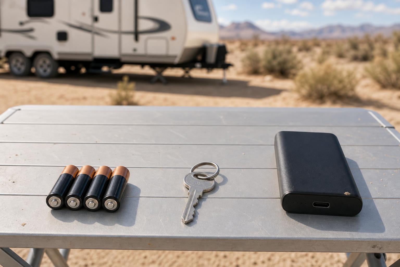 Four AA batteries, a backup key, and a power bank on an RV campsite table for keyless RV lock battery backup planning.