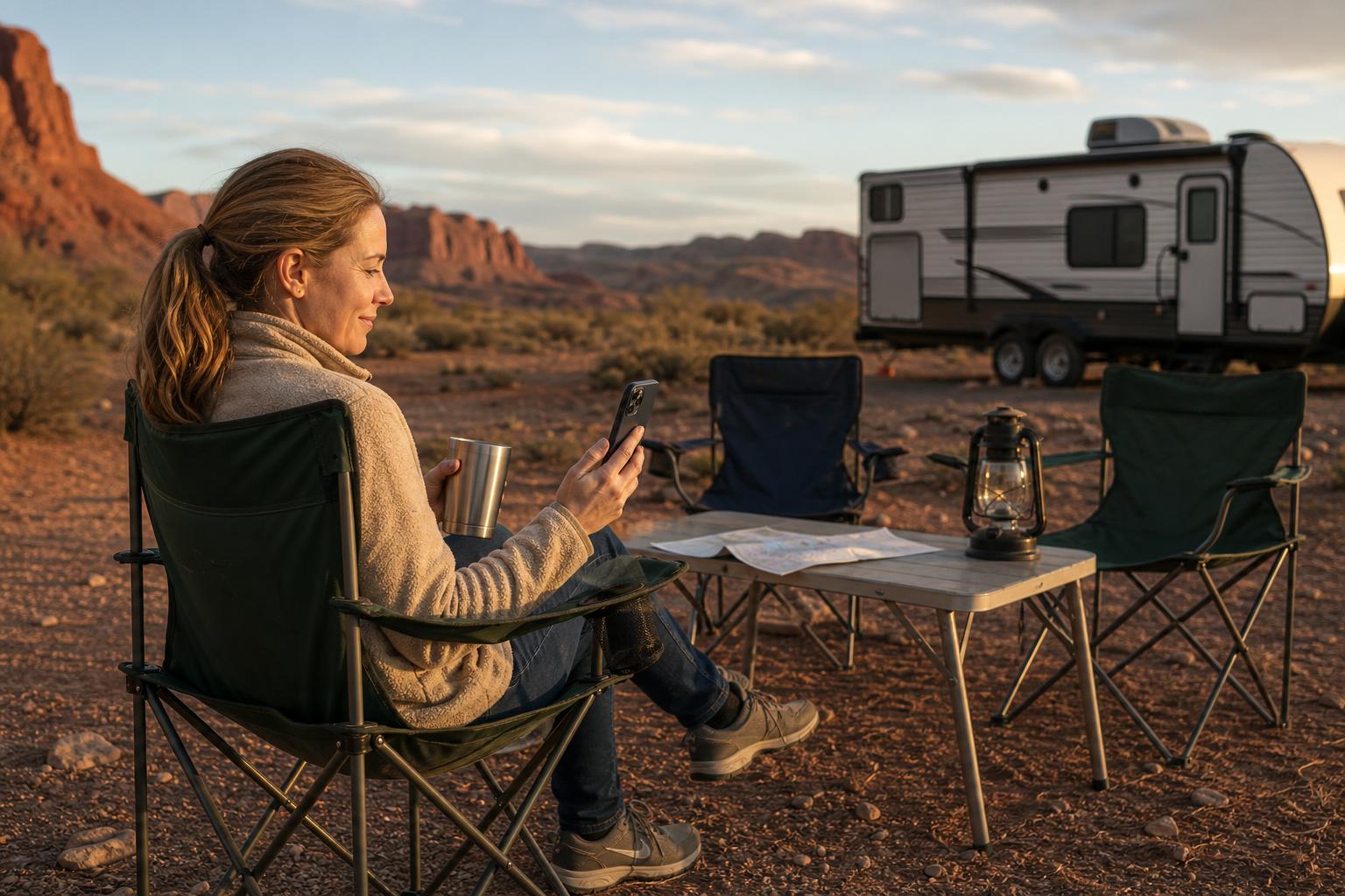 RV owner using a smartphone at a desert campsite while considering smart RV door lock access options.