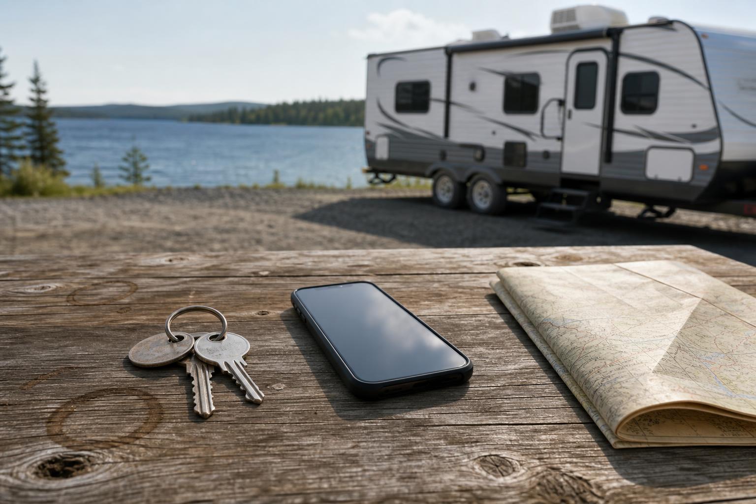 Mechanical keys, a phone, and a campsite map compare everyday access choices for a keyless RV lock versus a standard lock.