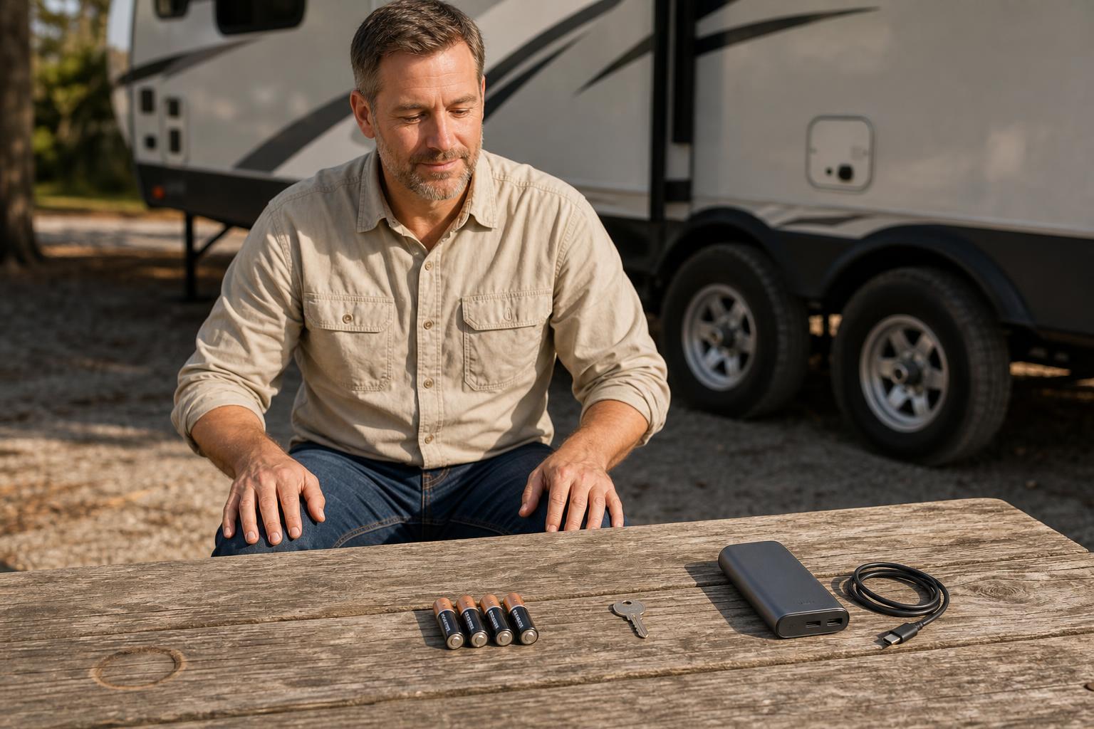 Four AA batteries, a mechanical backup key, power bank, and Type-C cable prepared for a family keyless RV lock backup plan.