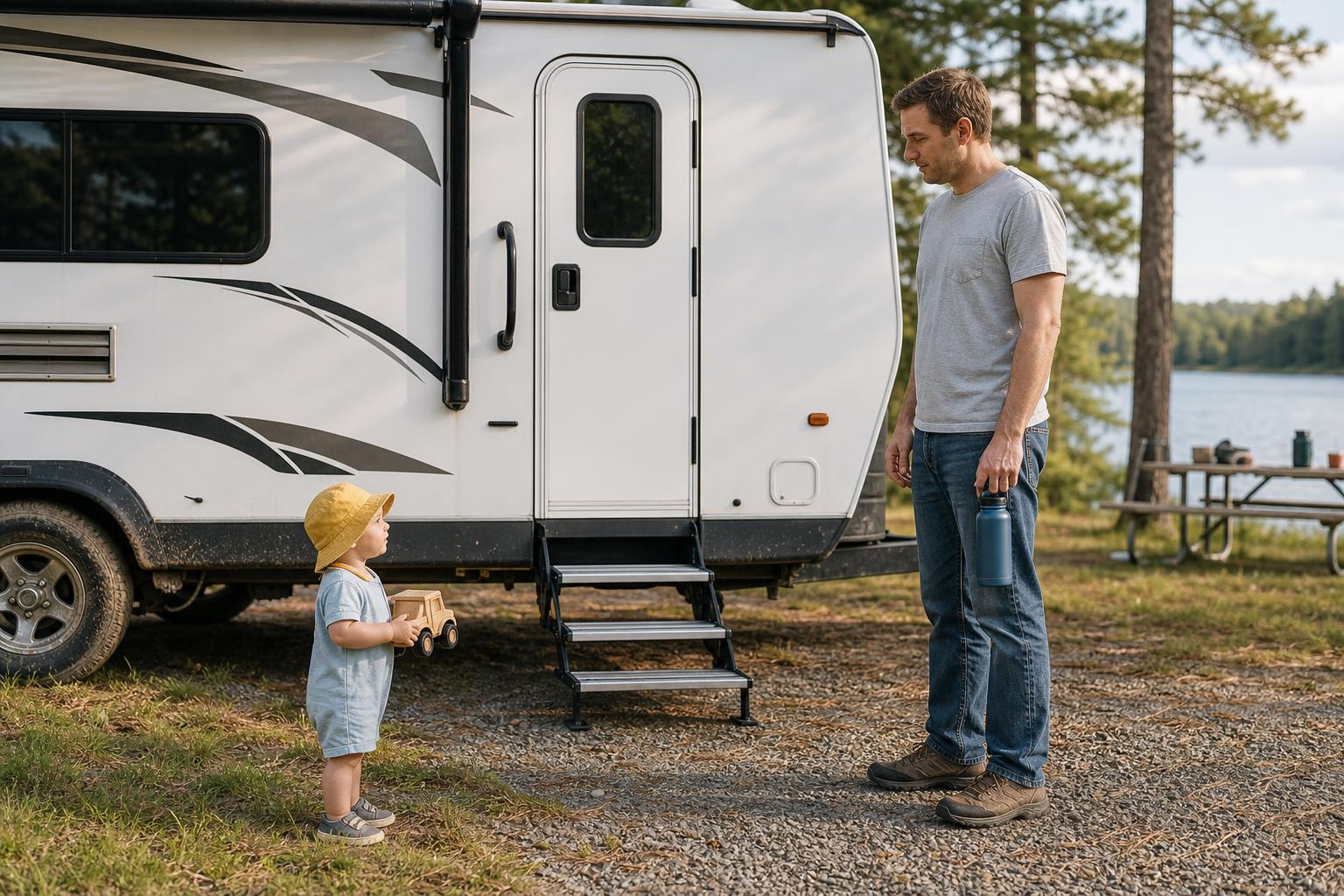 Parent keeping a toddler close beside a travel trailer entrance, illustrating child safety concerns for an RV lock for families.