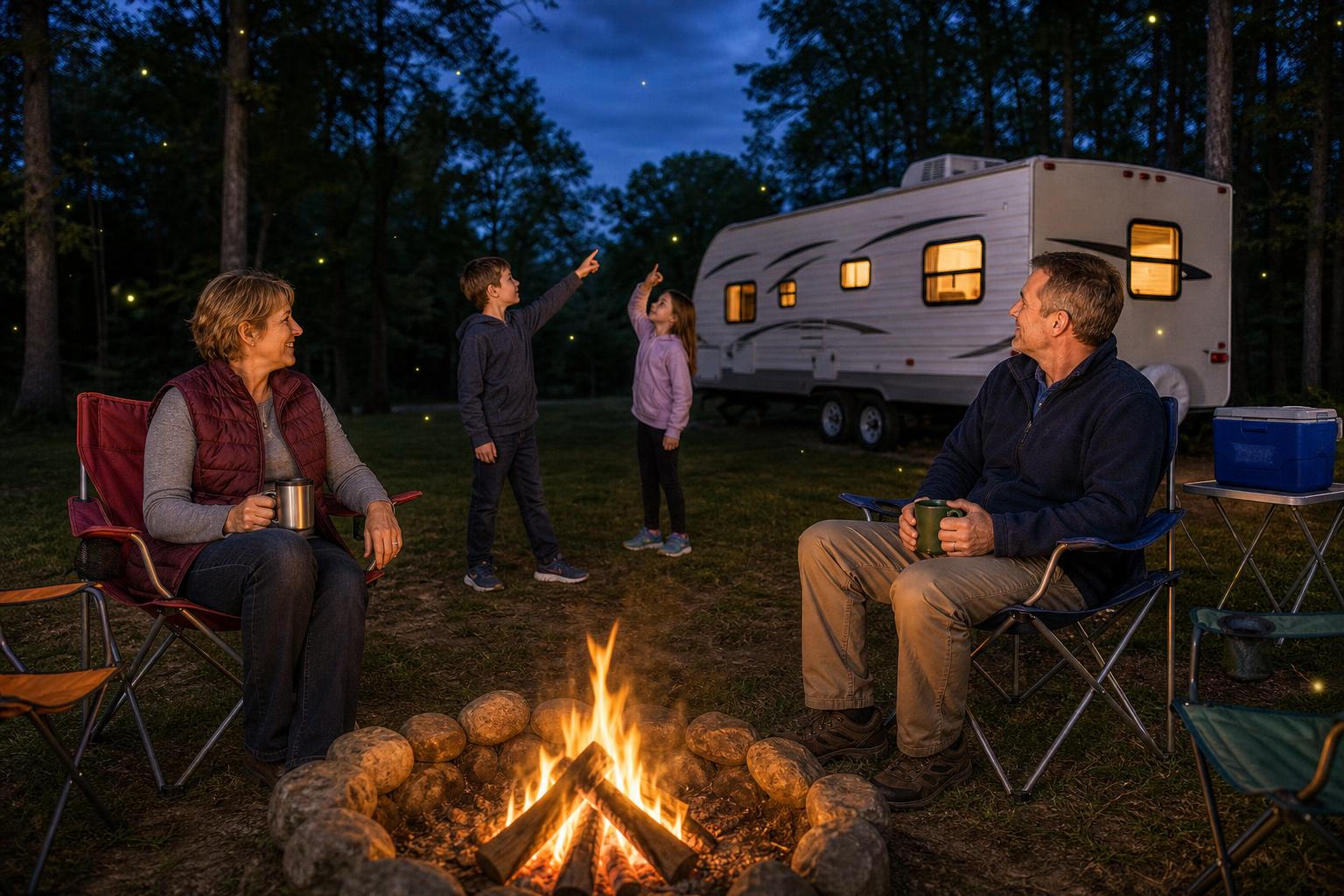 Parents relaxing by a campfire while children play safely at their family RV campsite, illustrating stress-free shared access.