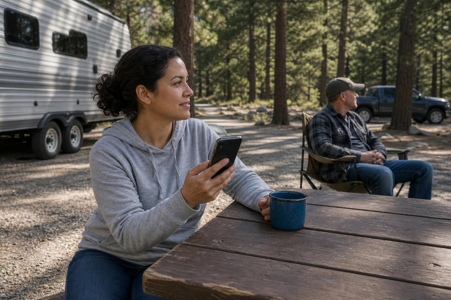 RV co-owner using a smartphone at a campground picnic table to manage shared RV access.