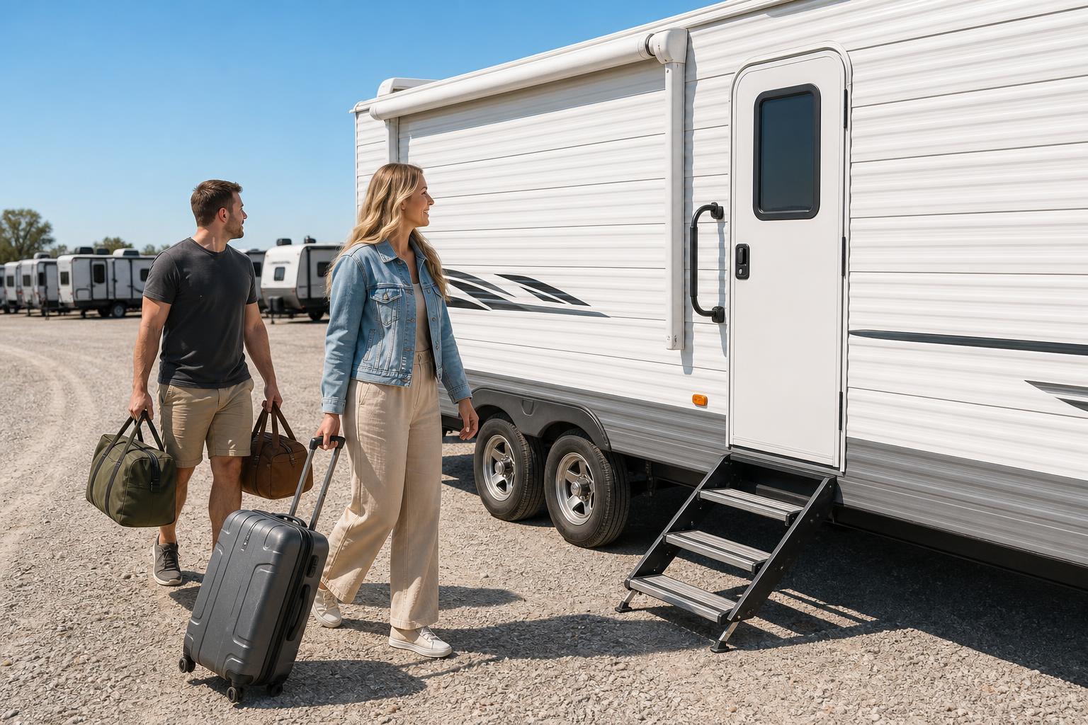 RV renters arriving with luggage for a smooth temporary-code RV lock shared access check-in.