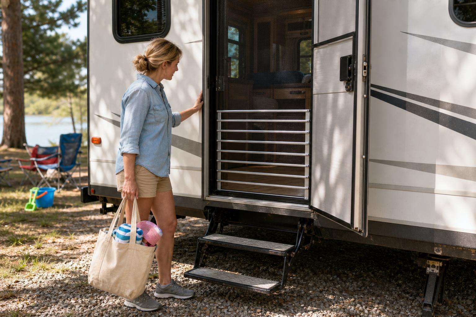 A family travel trailer screen door reinforced with a lower safety grille for toddler childproofing.