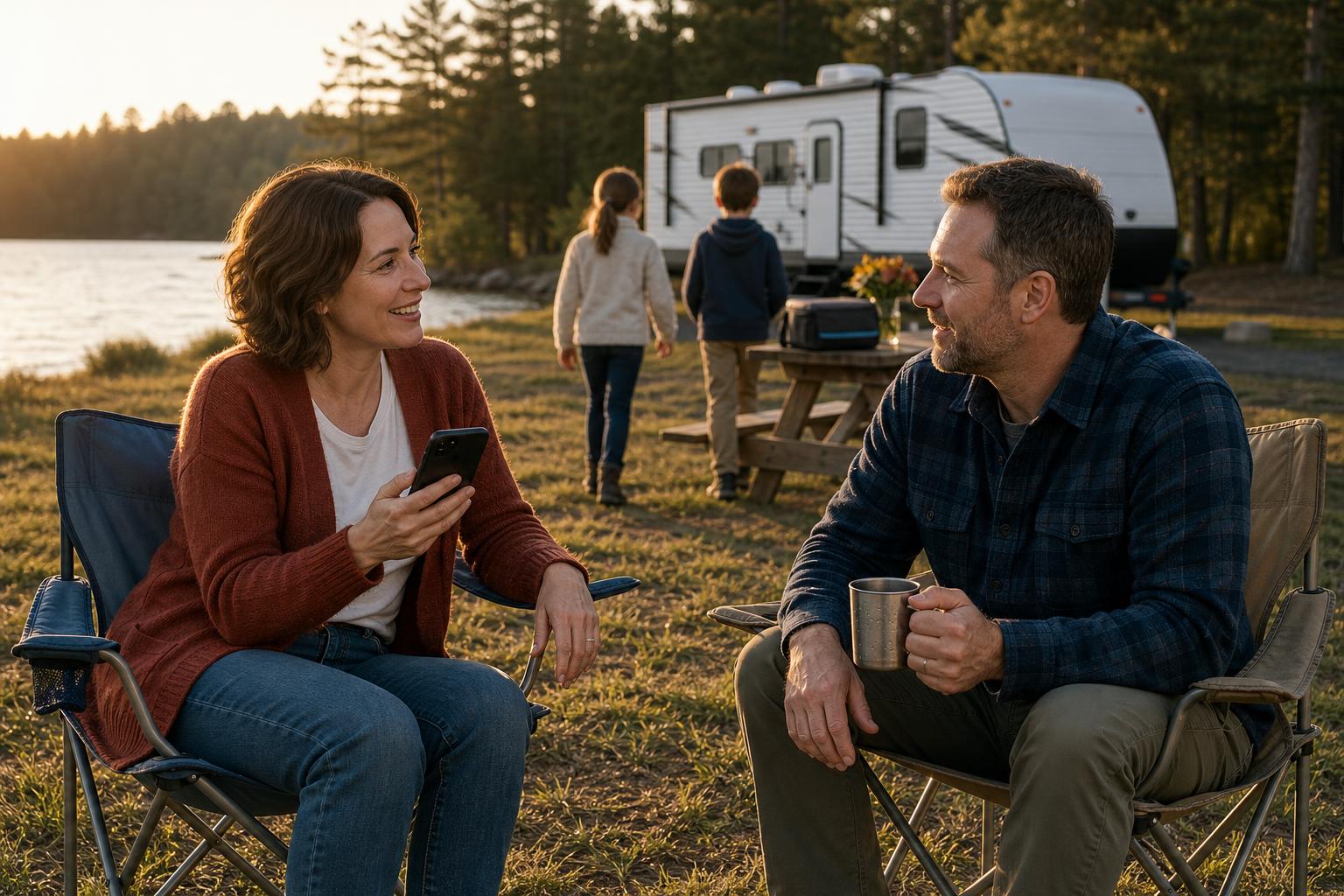 Parents using a phone while relaxing at their campsite, showing shared keyless RV access for families.