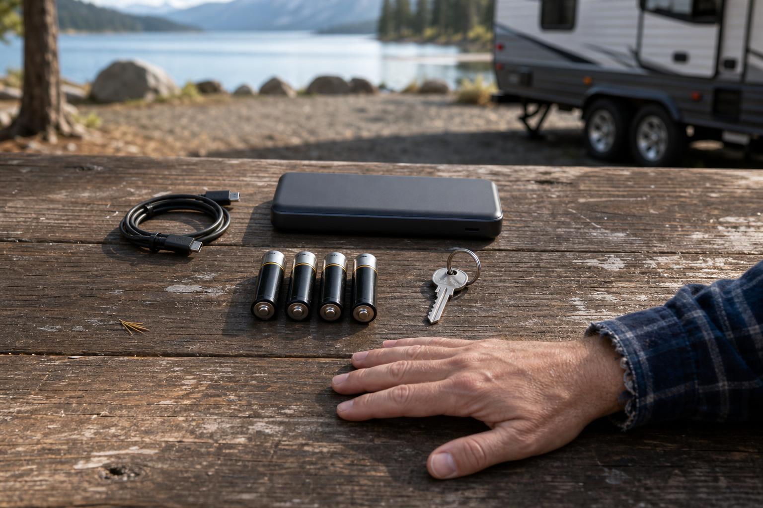Four AA batteries, a mechanical backup key, and a power bank on an RV campsite table for keyless RV access backup planning.