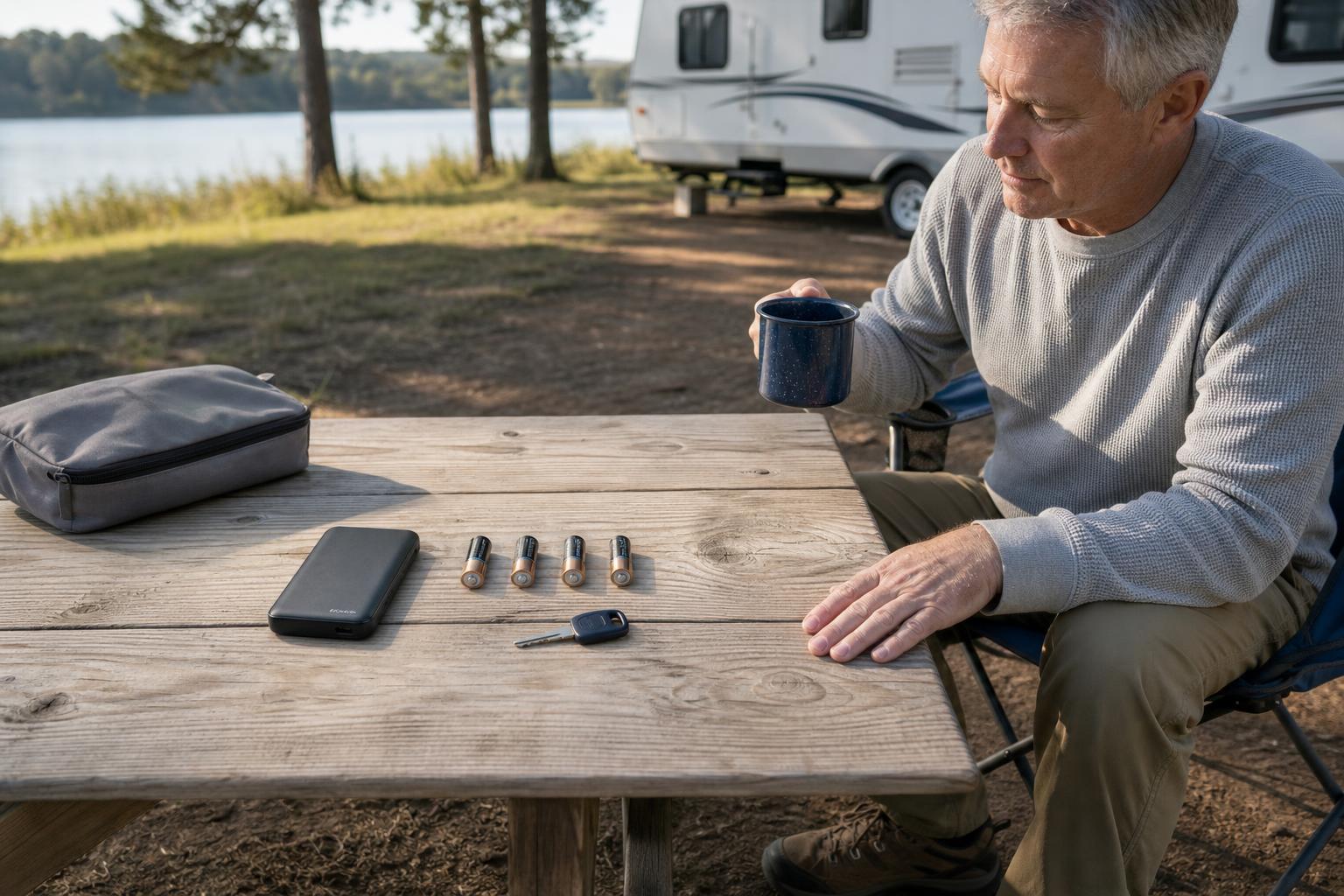Four AA batteries, a mechanical backup key, and a power bank arranged on an RV campsite table for towable camper door lock backup entry planning.