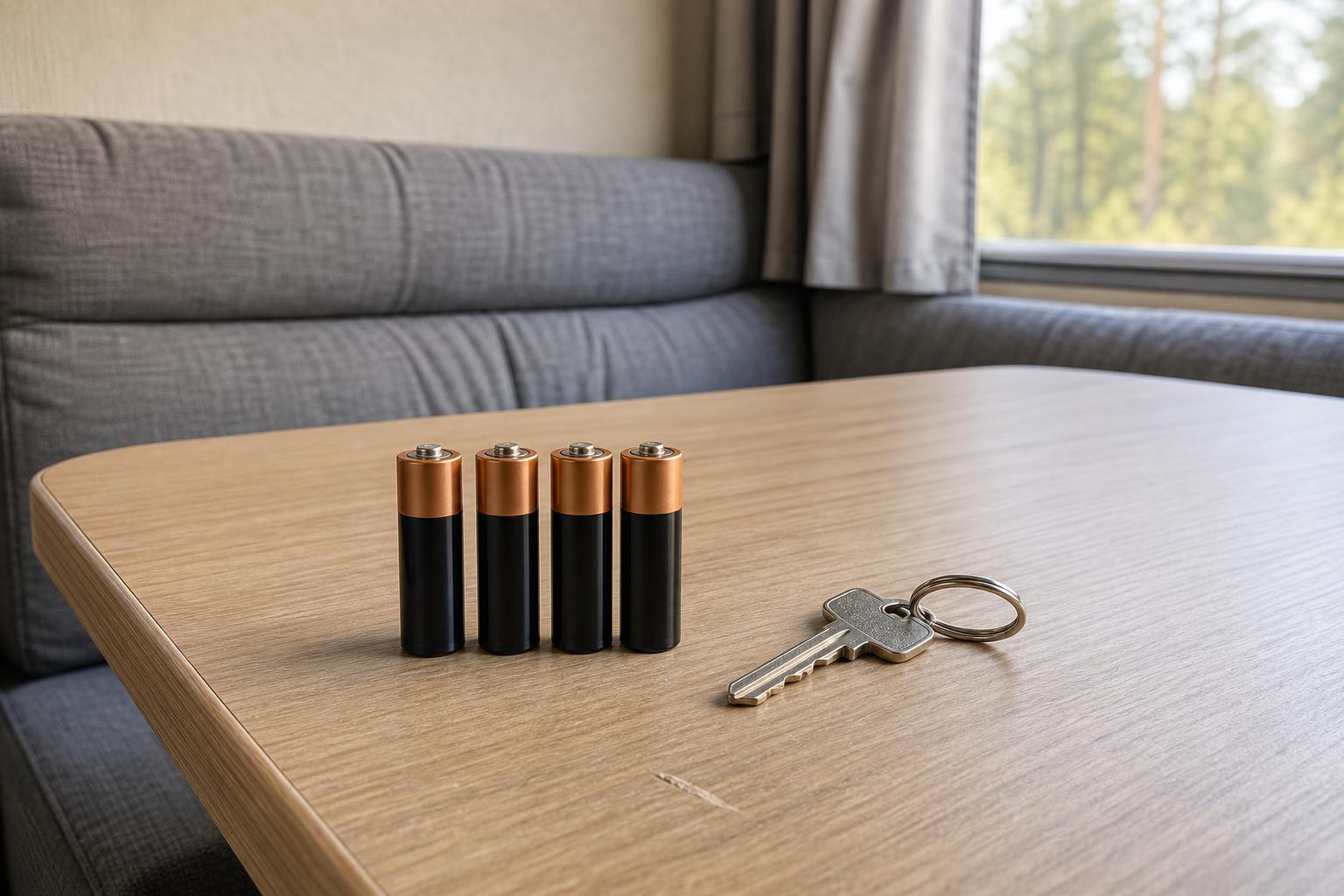Four AA batteries and a backup mechanical key on an RV table for a fifth-wheel keyless door lock replacement.