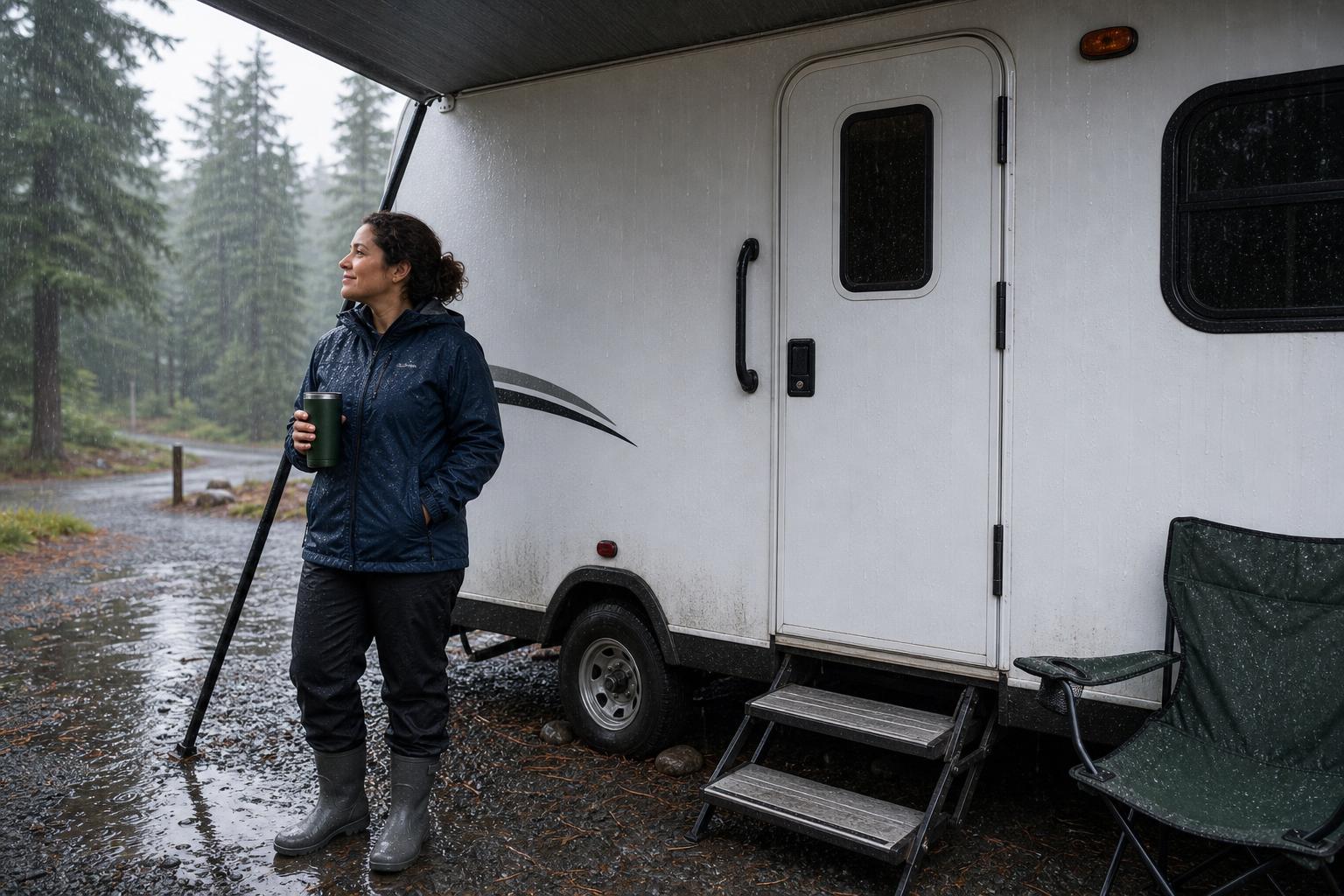 Rain running down a towable camper door and exterior wall while an RV owner waits under the awning, illustrating weather resistance needs.