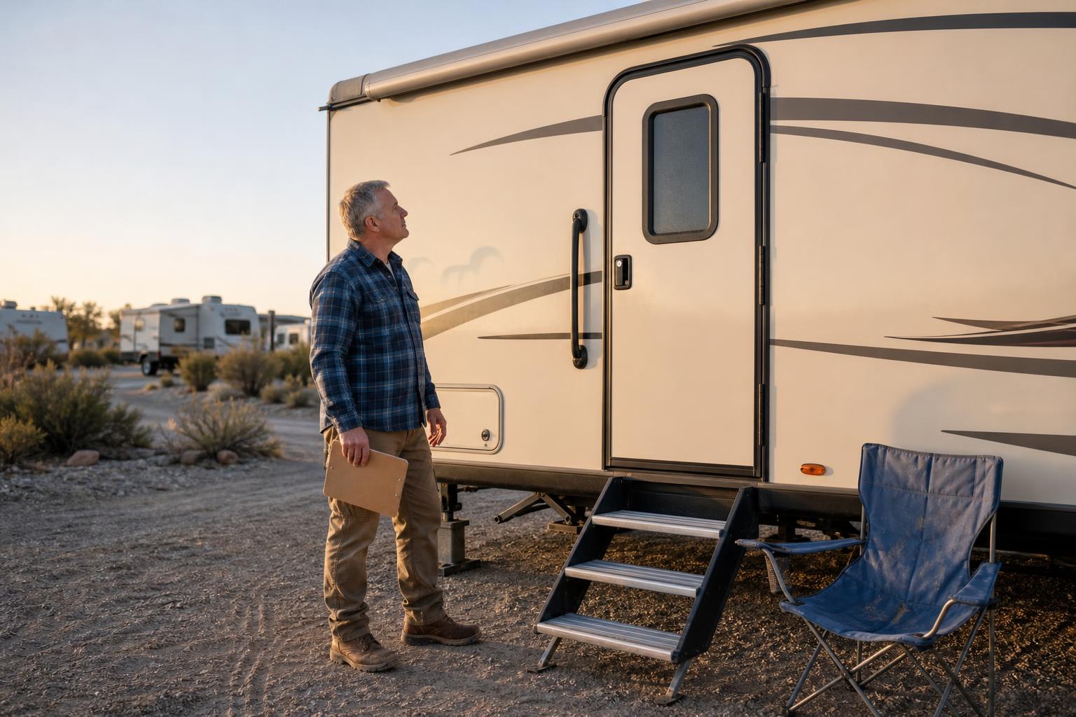Owner checking the right-side hinges on a fifth-wheel RV door before buying a replacement lock.