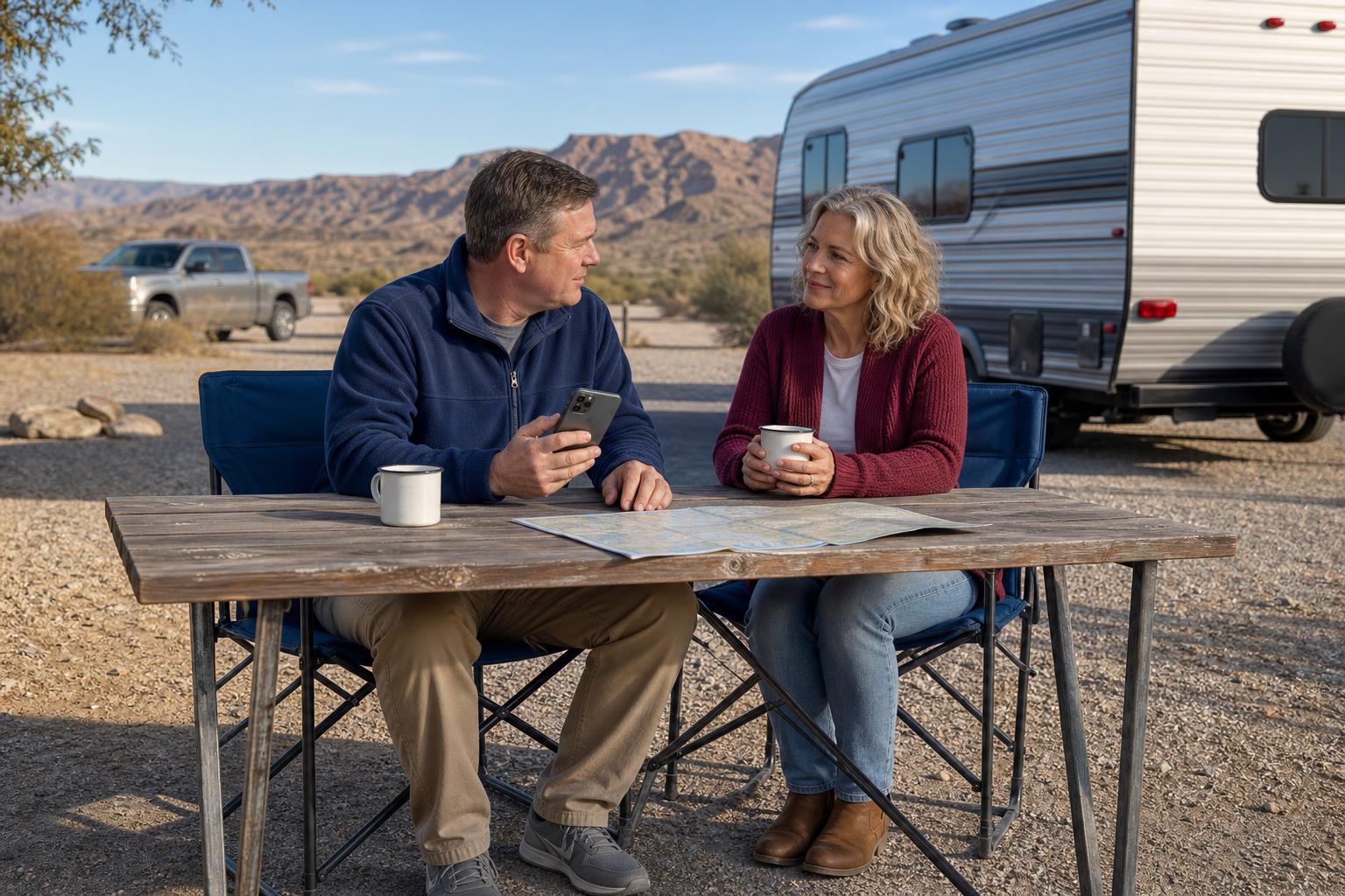 Couple discussing keyless and keyed access options at their RV campsite while choosing a towable camper door lock.
