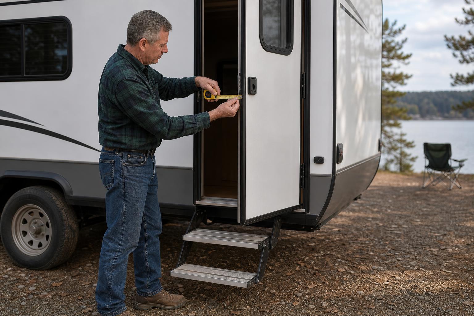 RV owner measuring the thickness of an open right-hinged towable camper door before ordering a compatible camper door lock.