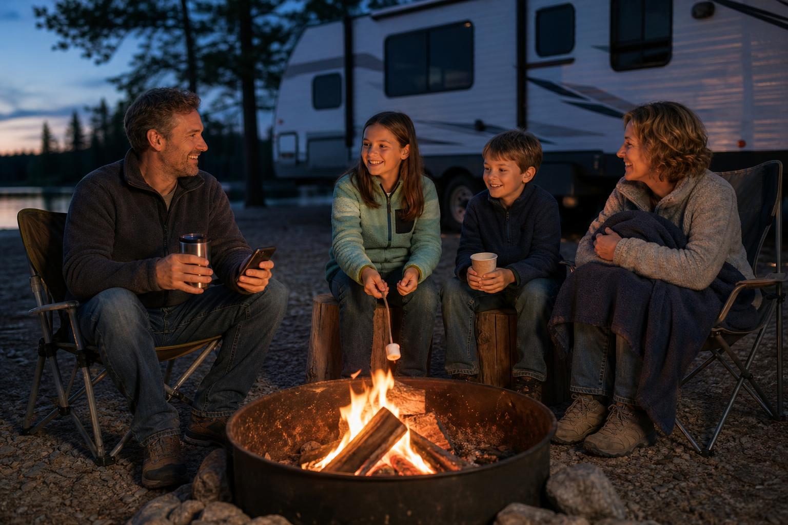Family relaxing by a fifth-wheel campsite fire after upgrading to convenient keyless RV access.