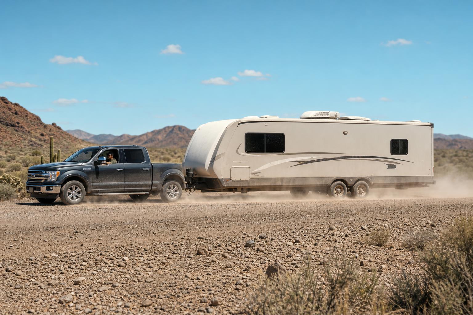 A travel trailer crossing a dusty Arizona gravel road, showing the everyday dust exposure an IP54 RV door lock is designed to handle.