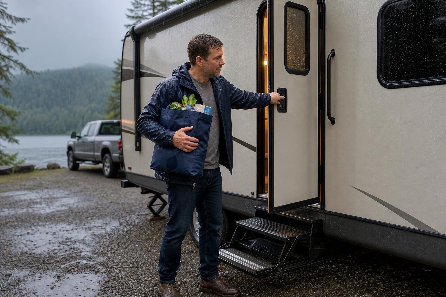 A camper owner carrying groceries uses a downward handle to enter a travel trailer during rain, showing practical IP54 RV door lock convenience.