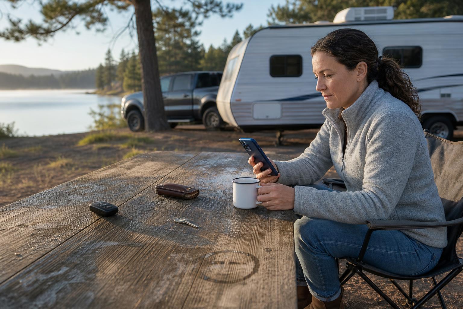 A camper compares a phone, remote fob, and backup key at a picnic table for a keypad vs remote RV lock decision.